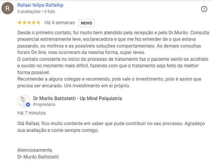 Feedback positivo sobre psiquiatra particular em Jundiaí

